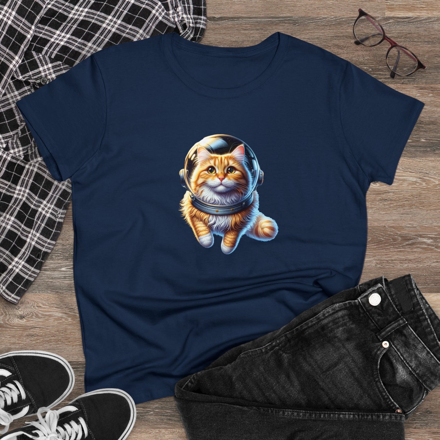 Space Cat, Yellow-Orange Long-Haired Tabby Kitty, Women's Midweight Cotton Tee