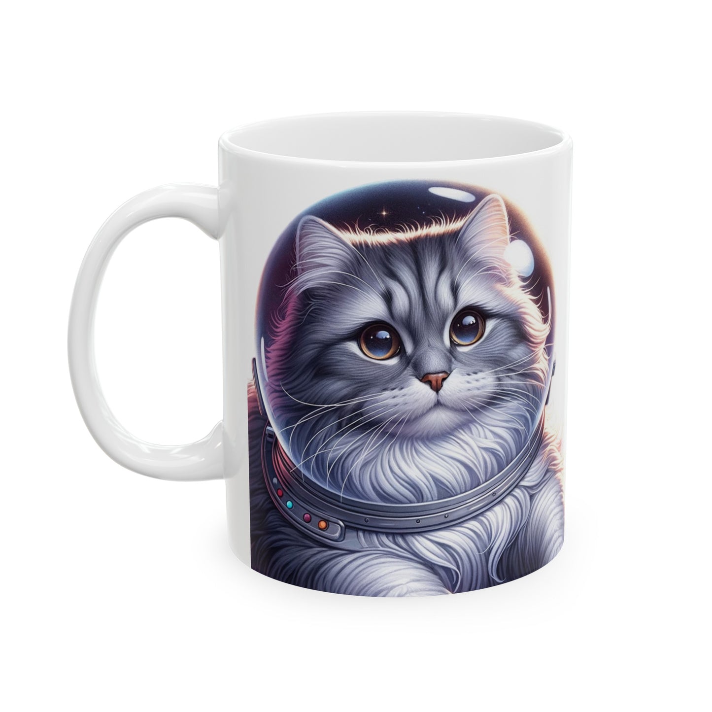 Space Cat, Gray Long-Haired Kitty Ceramic Mug 11oz