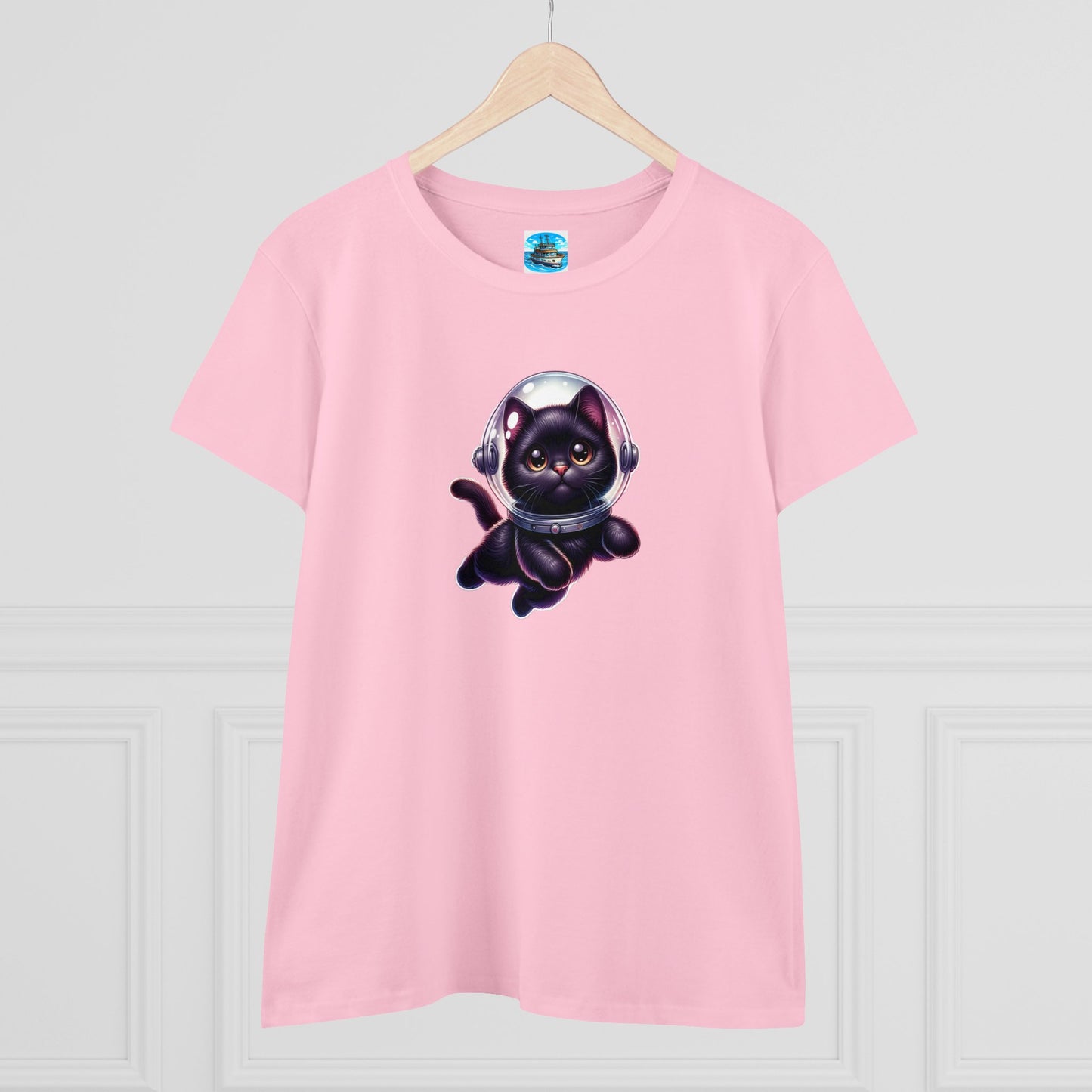 Women's Midweight Cotton Tee Space Cat, Black Cat