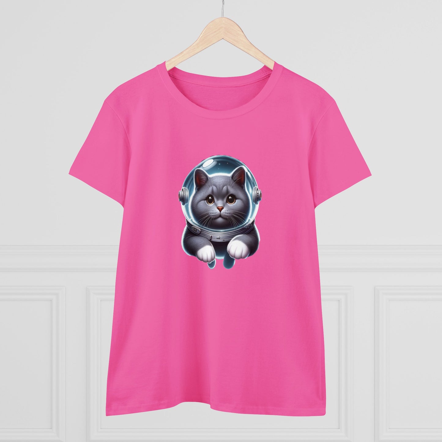 Space Cat, Gray Kitty, Women's Midweight Cotton Tee