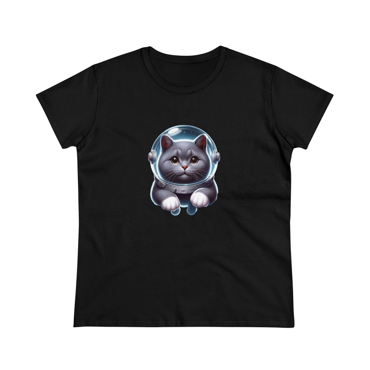 Space Cat, Gray Kitty, Women's Midweight Cotton Tee