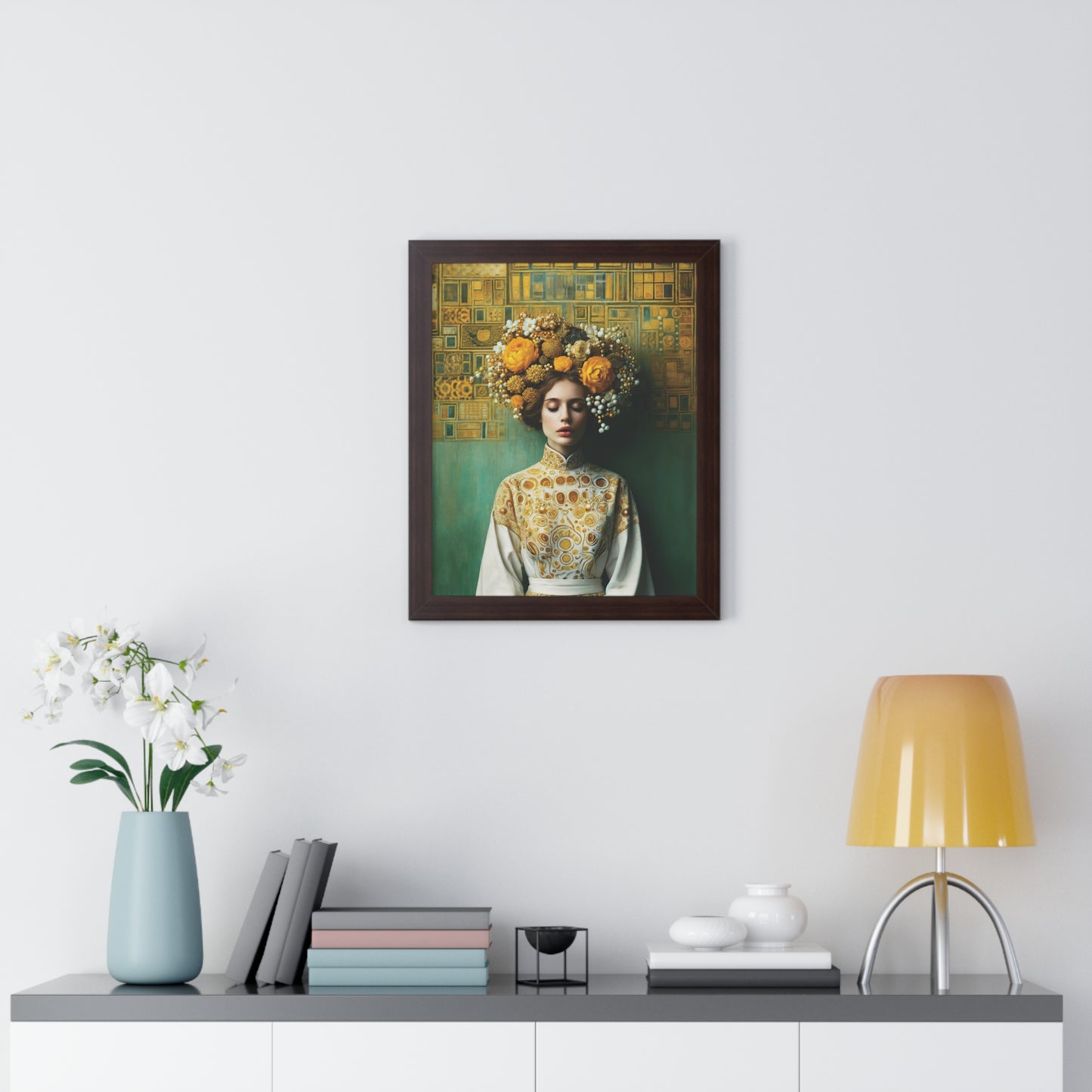 Framed Vertical Poster Peaceful Woman with Yellow Flowers