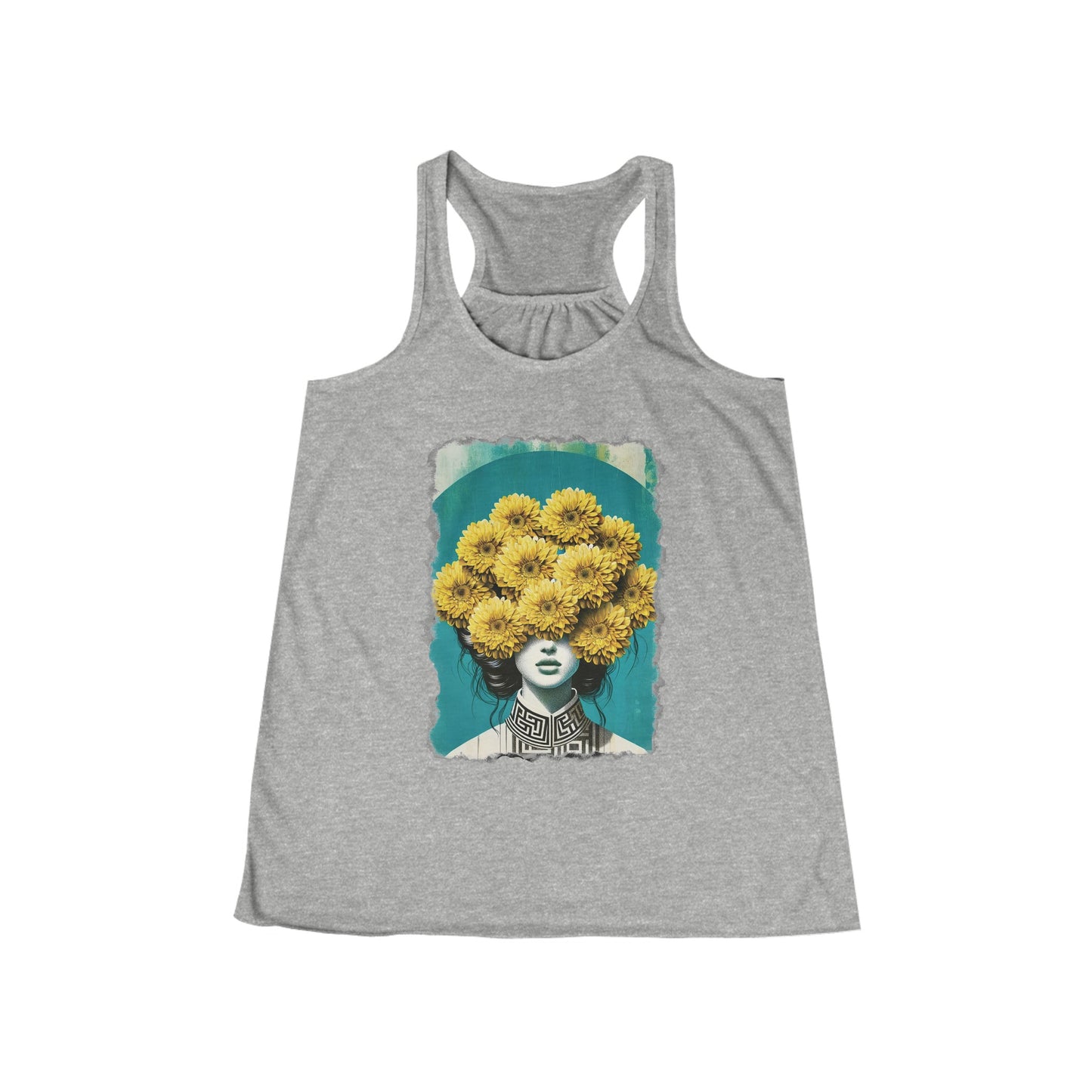 Women's Flowy Racerback Tank yellow flowers on womans head