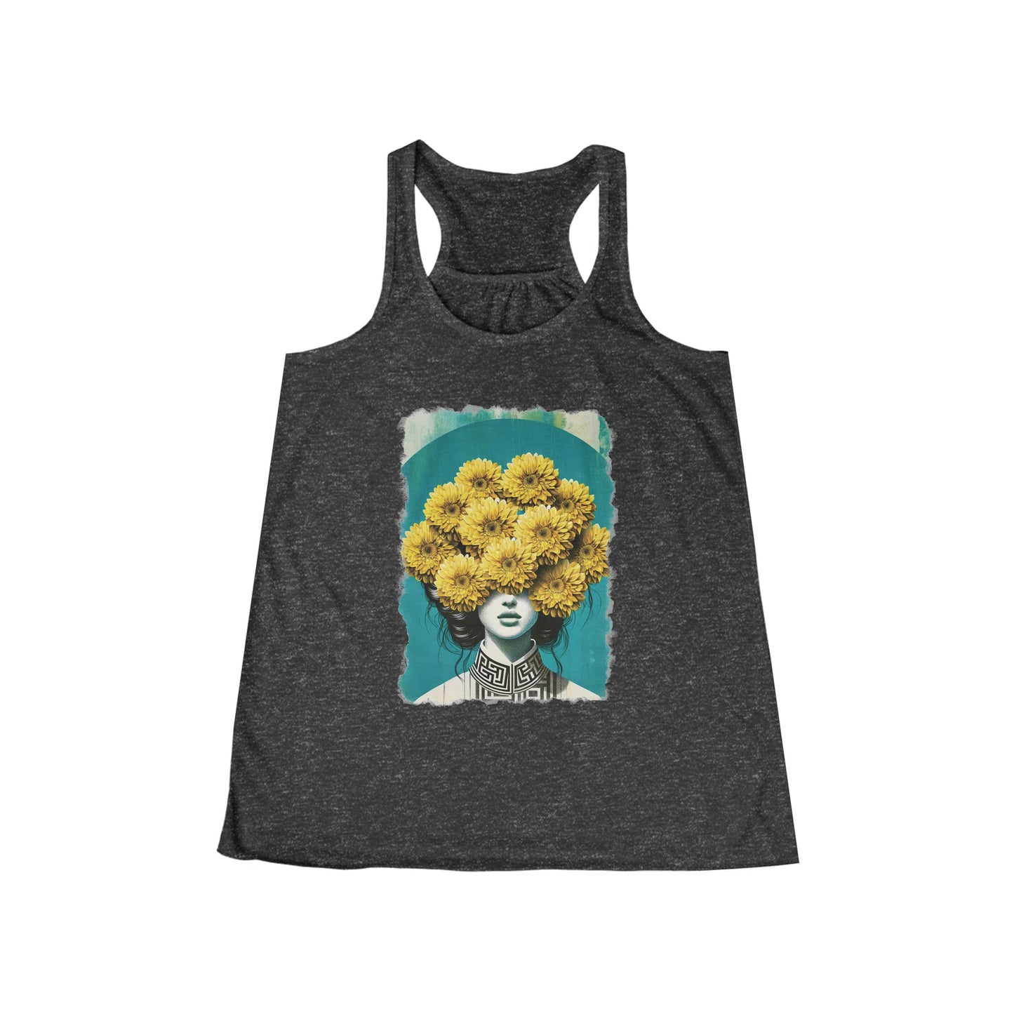 Women's Flowy Racerback Tank yellow flowers on womans head