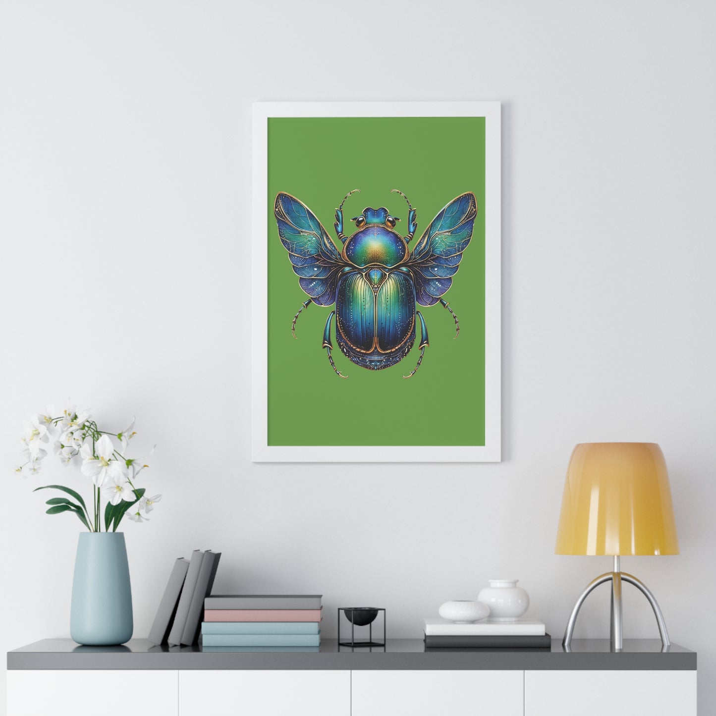 Framed Vertical Poster Scarab on Bright Green