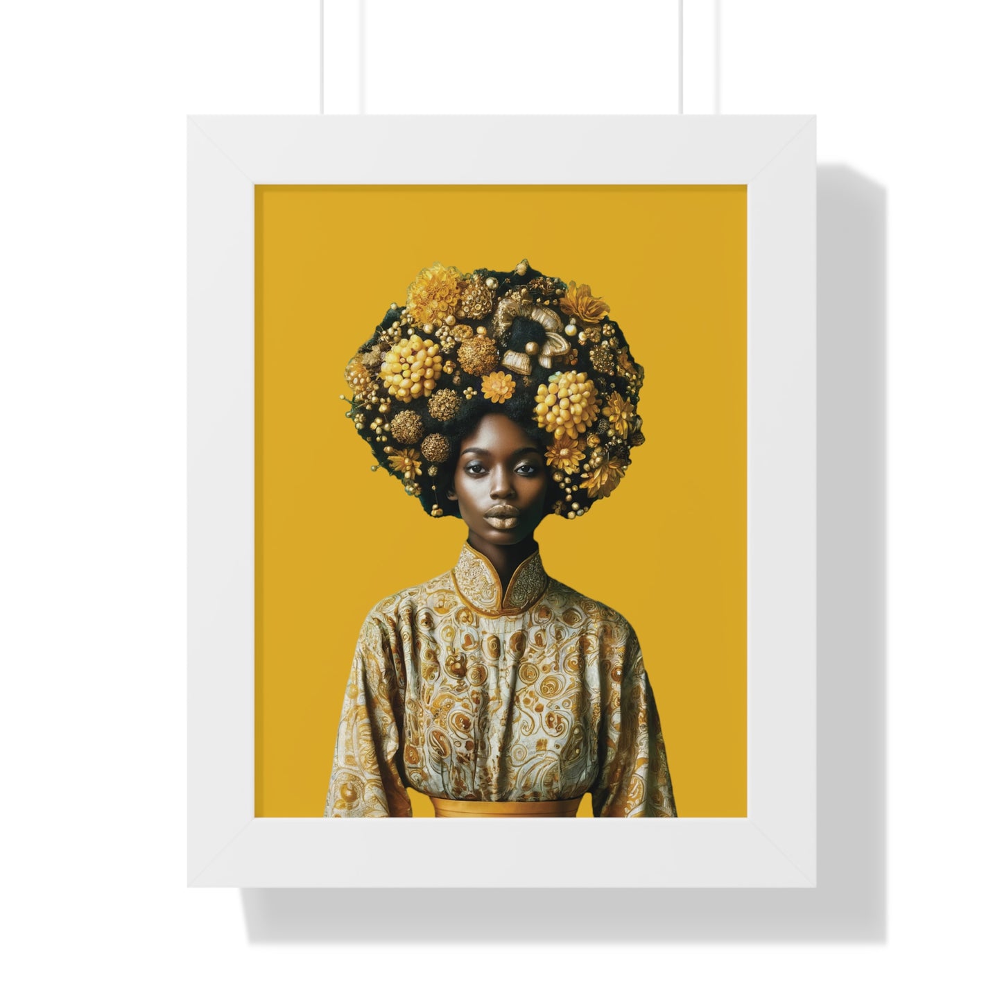 Framed Vertical Poster Peaceful African Woman with Yellow Flowers no bg