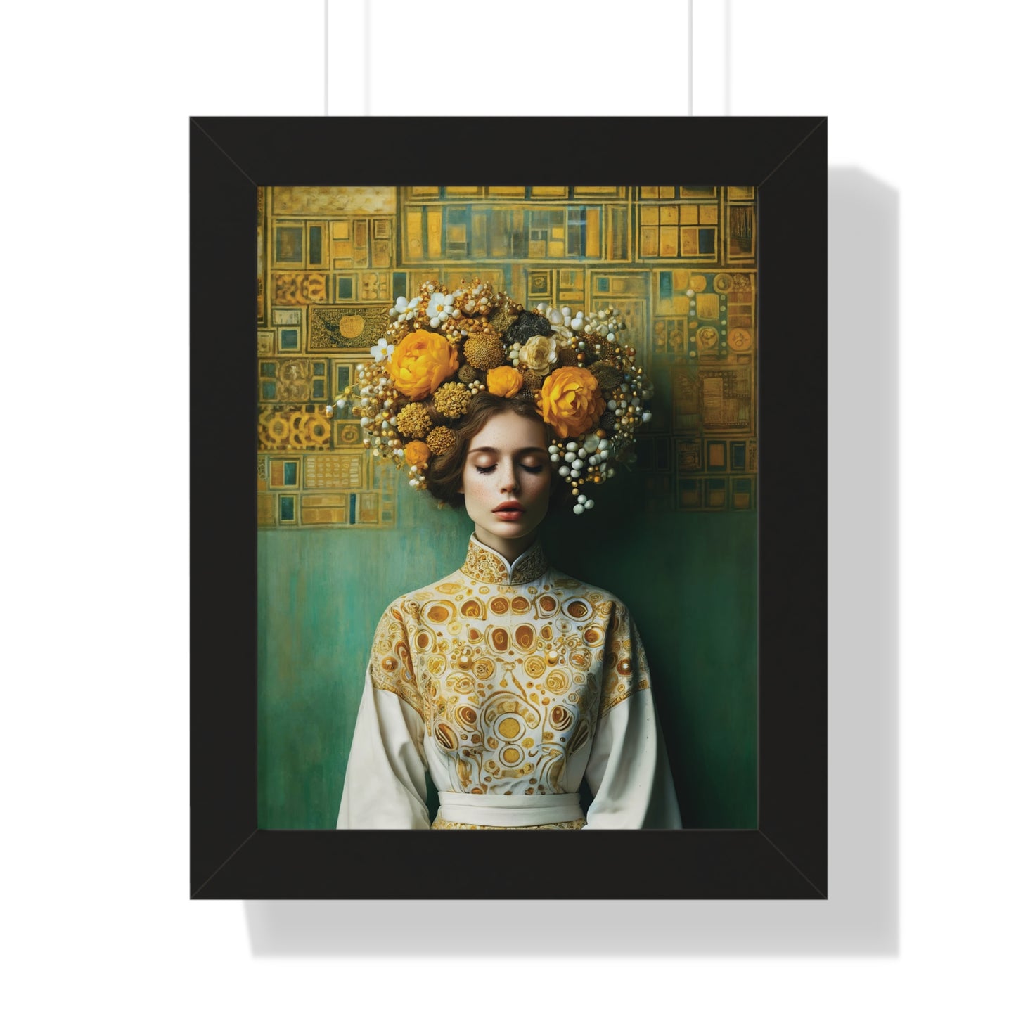 Framed Vertical Poster Peaceful Woman with Yellow Flowers