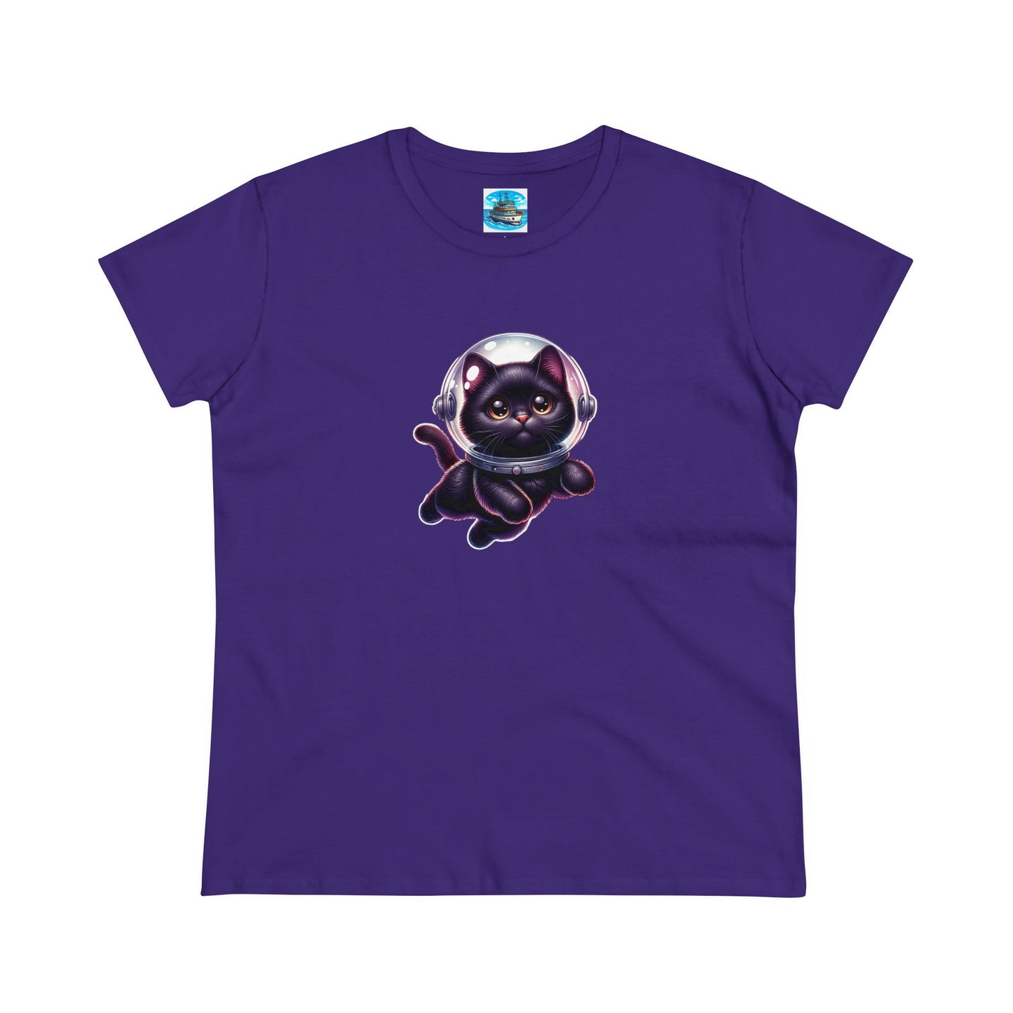 Women's Midweight Cotton Tee Space Cat, Black Cat