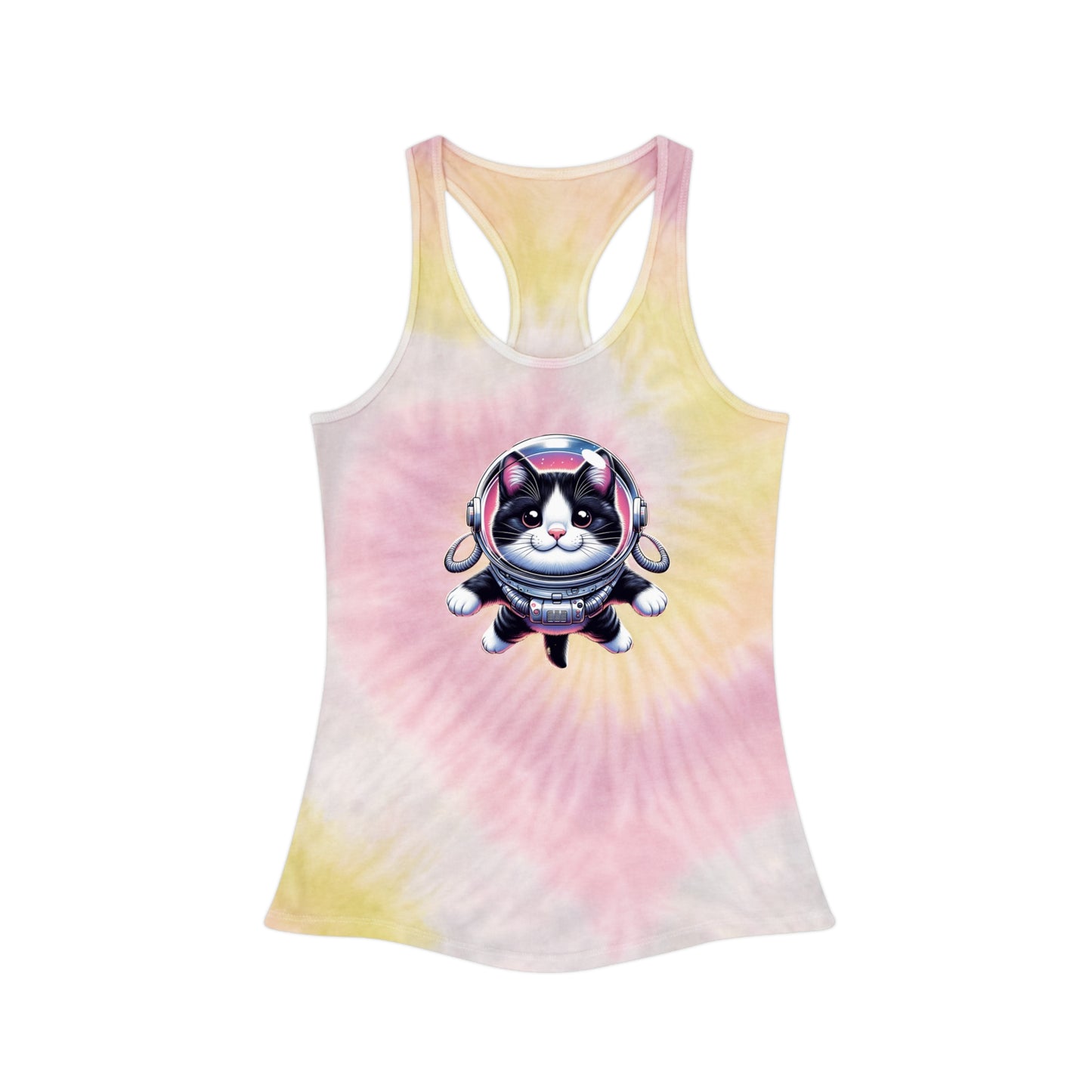 Tie Dye Racerback Tank Top w/Tuxedo Cat Space Cat