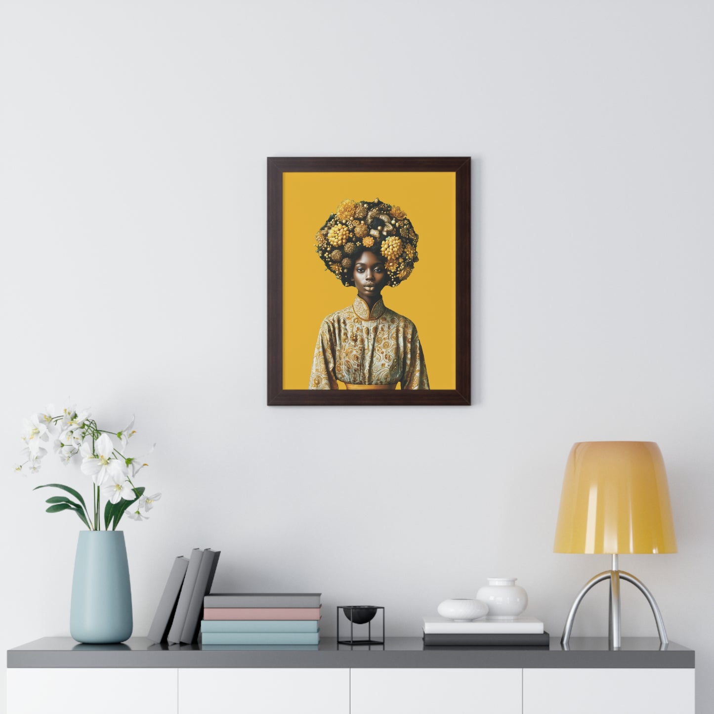 Framed Vertical Poster Peaceful African Woman with Yellow Flowers no bg