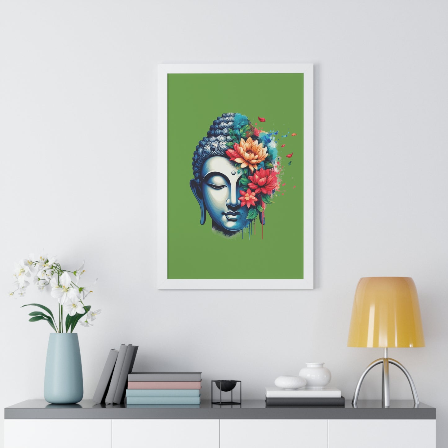 Framed Vertical Poster Peaceful Buddha with Flowers on bright green