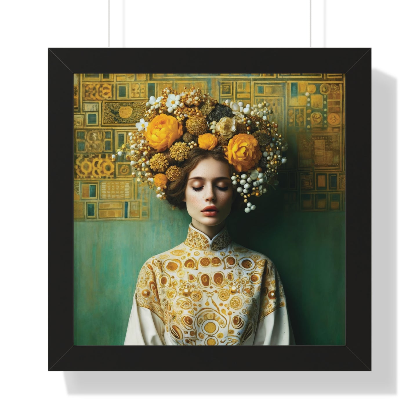 Framed Vertical Poster Peaceful Woman with Yellow Flowers