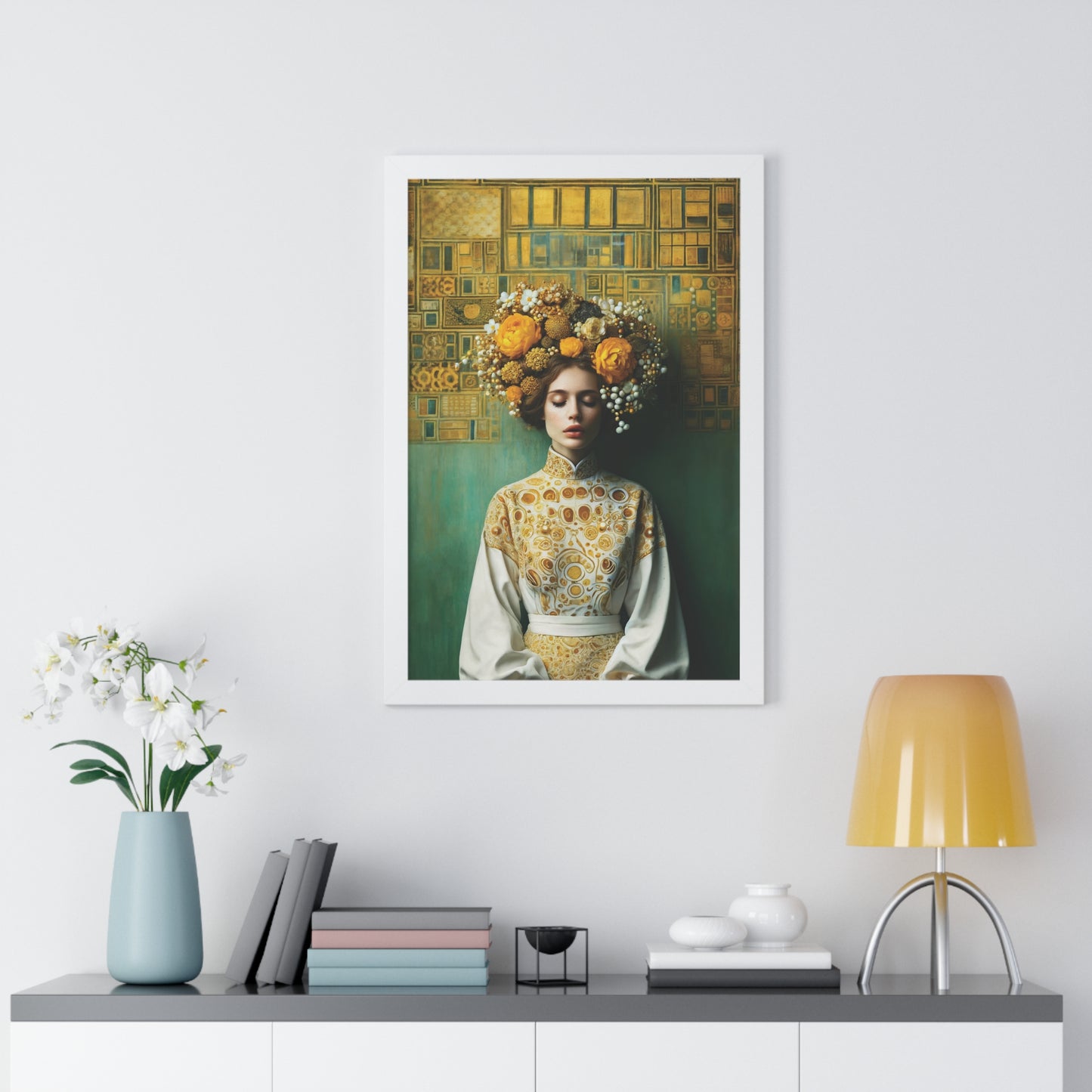 Framed Vertical Poster Peaceful Woman with Yellow Flowers