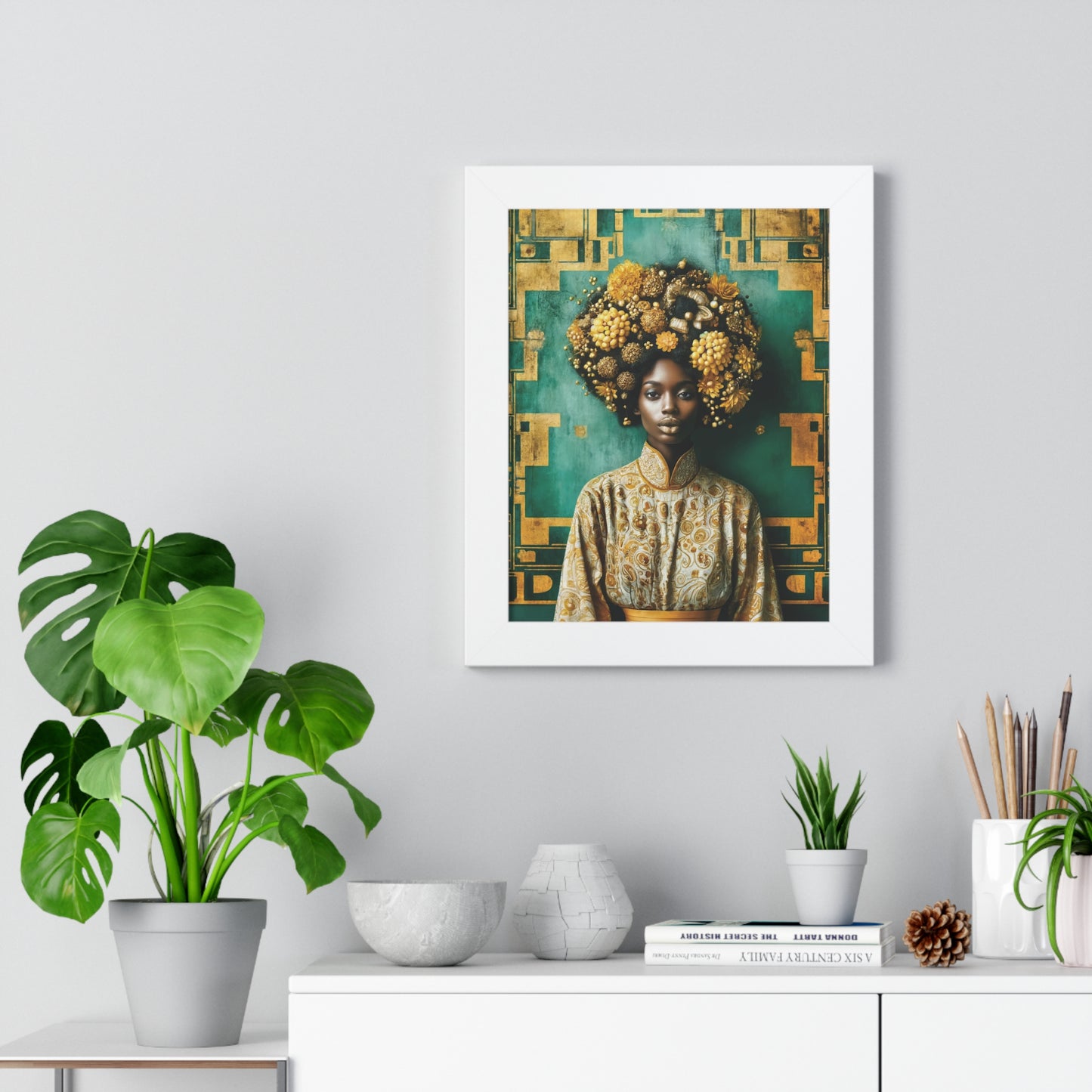 Framed Vertical Poster Peaceful African Woman with Yellow Flowers