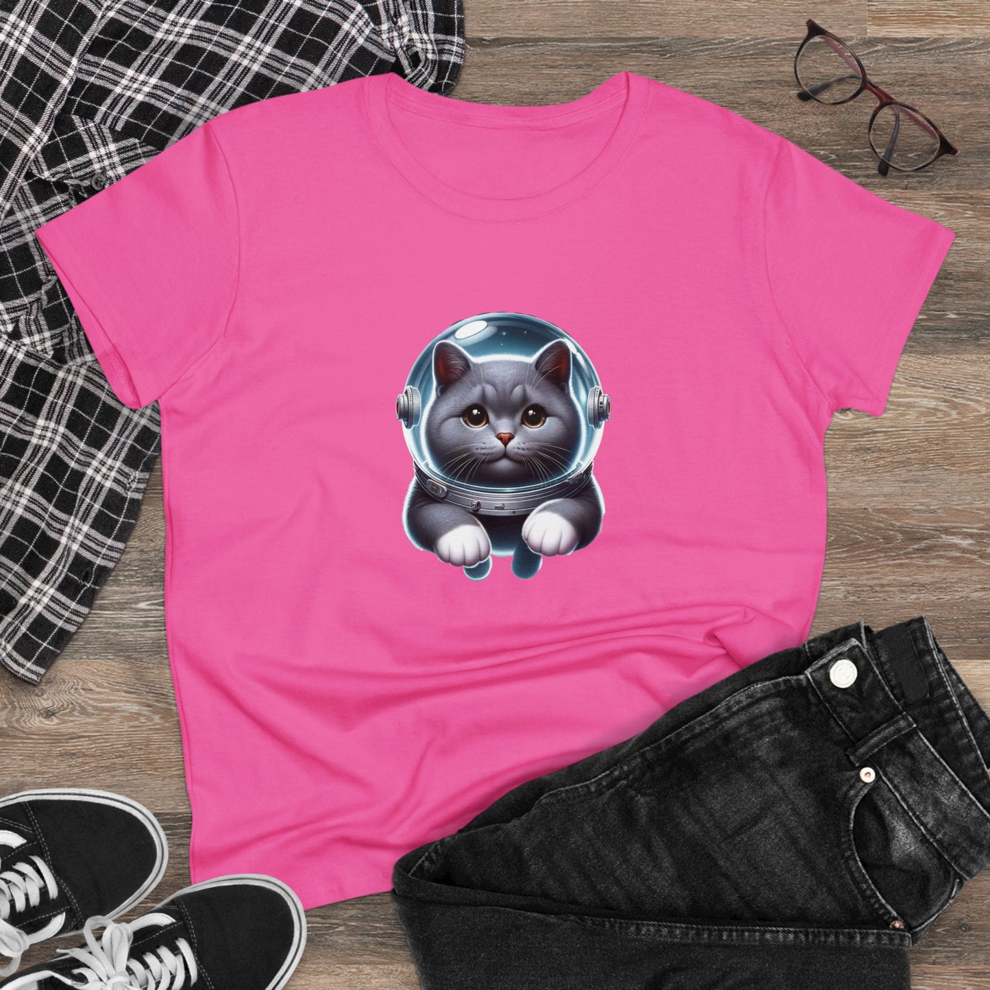 Space Cat, Gray Kitty, Women's Midweight Cotton Tee