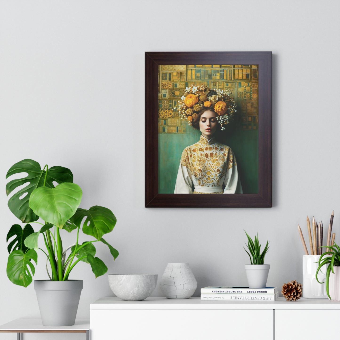 Framed Vertical Poster Peaceful Woman with Yellow Flowers