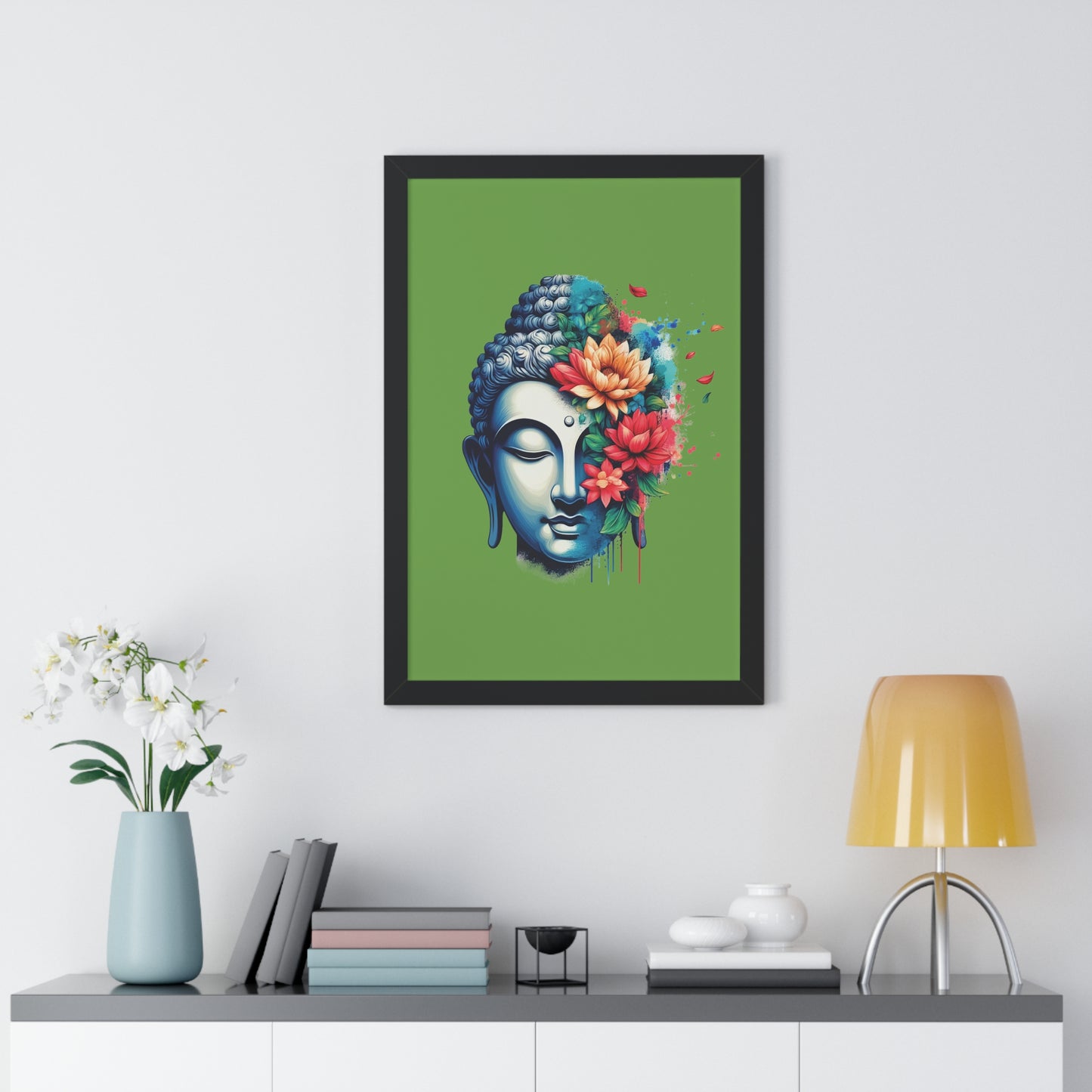 Framed Vertical Poster Peaceful Buddha with Flowers on bright green