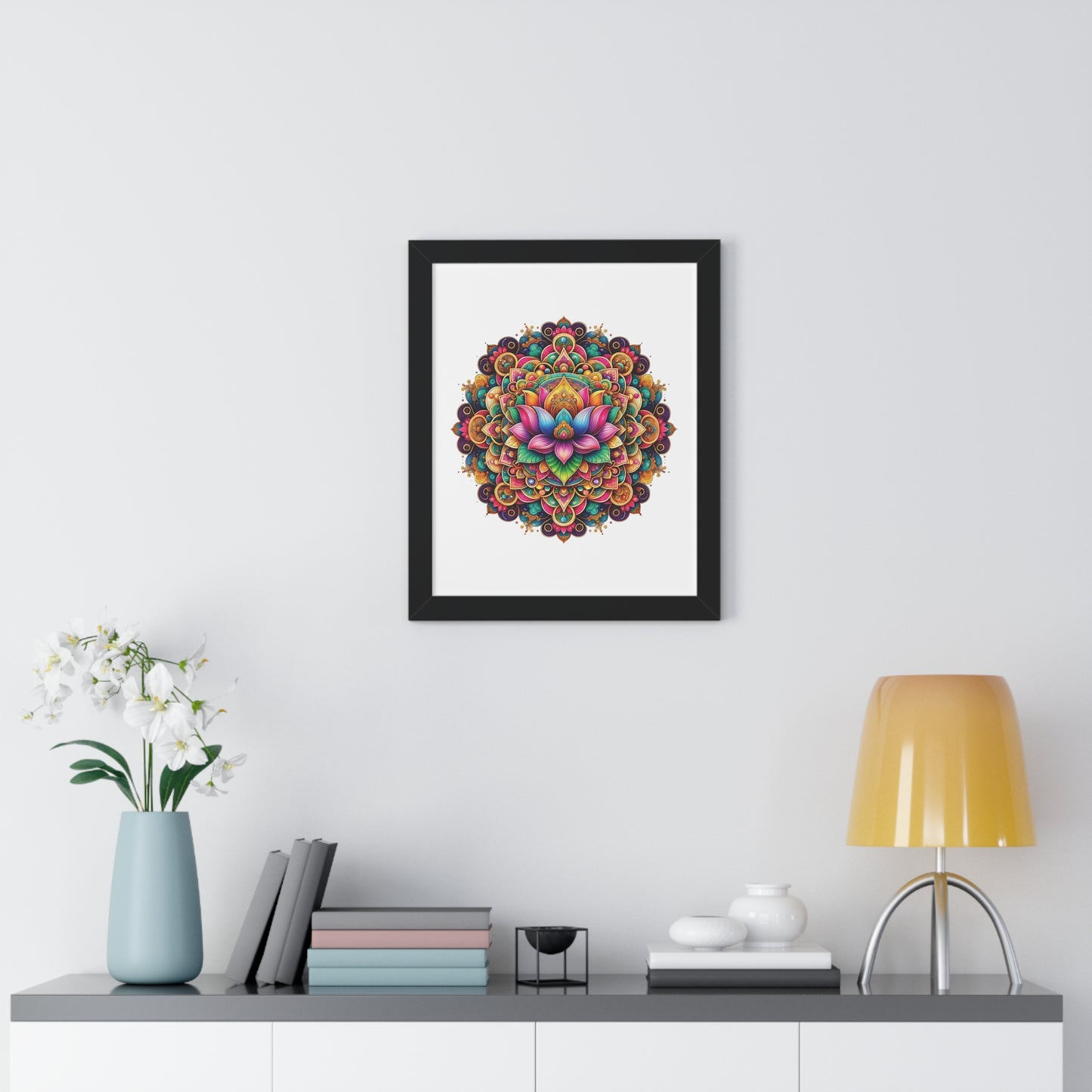 Framed Vertical Poster Lotus Mandala on white bg