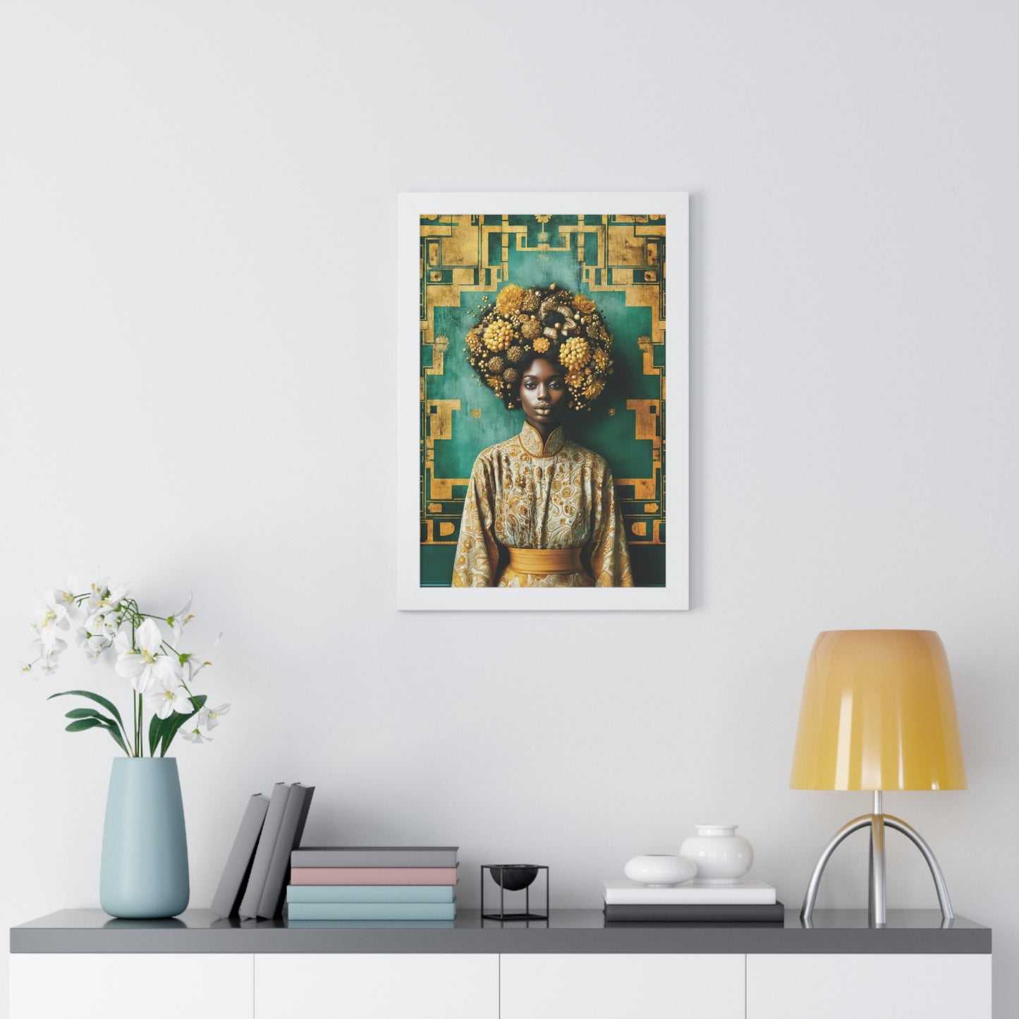 Framed Vertical Poster Peaceful African Woman with Yellow Flowers