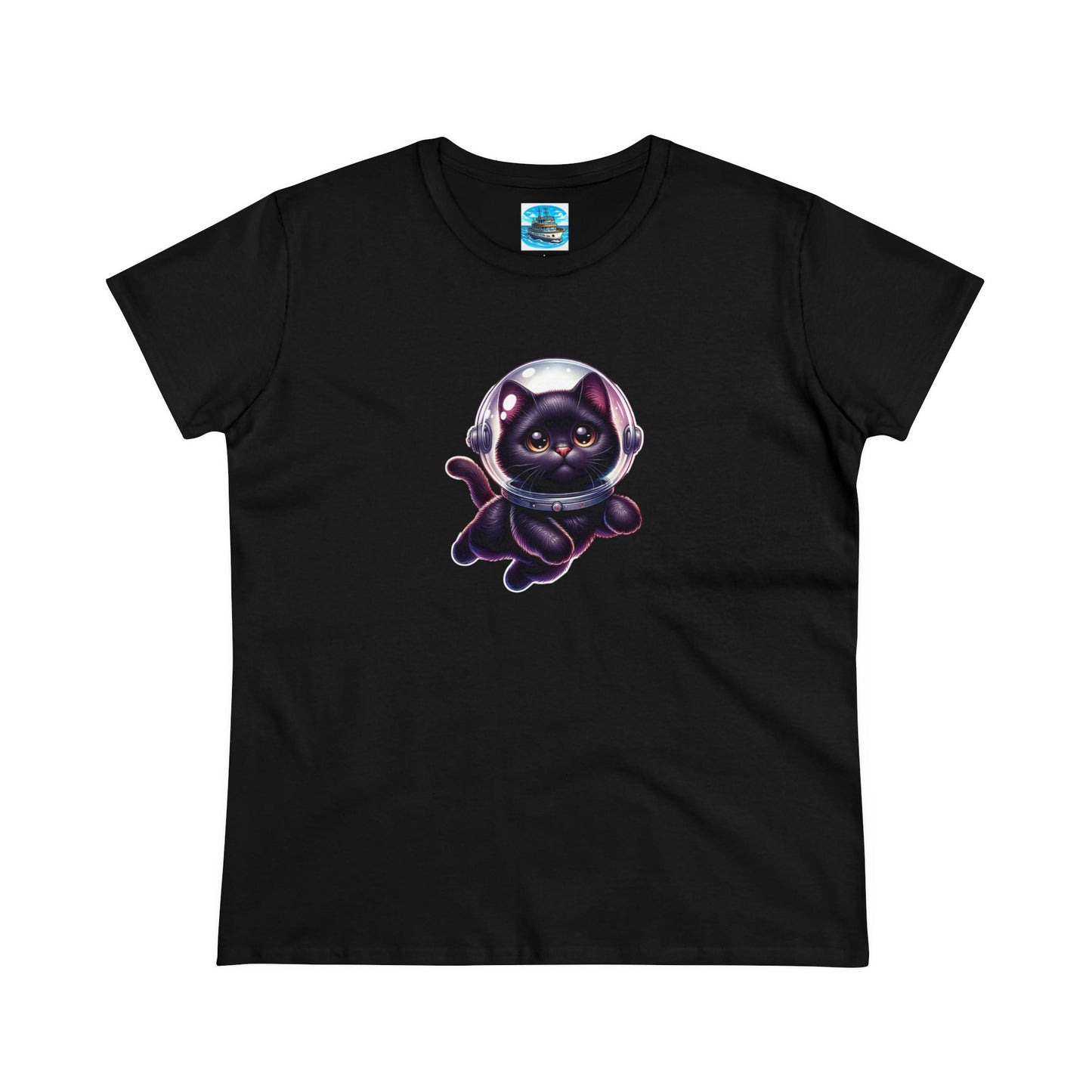 Women's Midweight Cotton Tee Space Cat, Black Cat