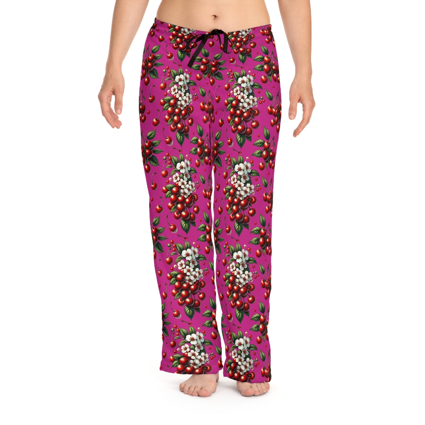 Women's Pajama Pants (AOP)Red Cherries and White Blossoms Hot Pink