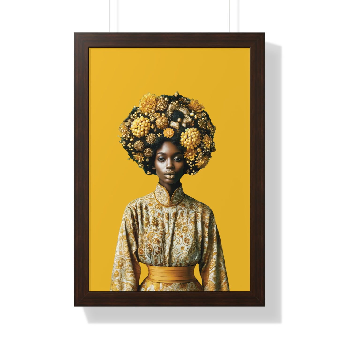 Framed Vertical Poster Peaceful African Woman with Yellow Flowers no bg