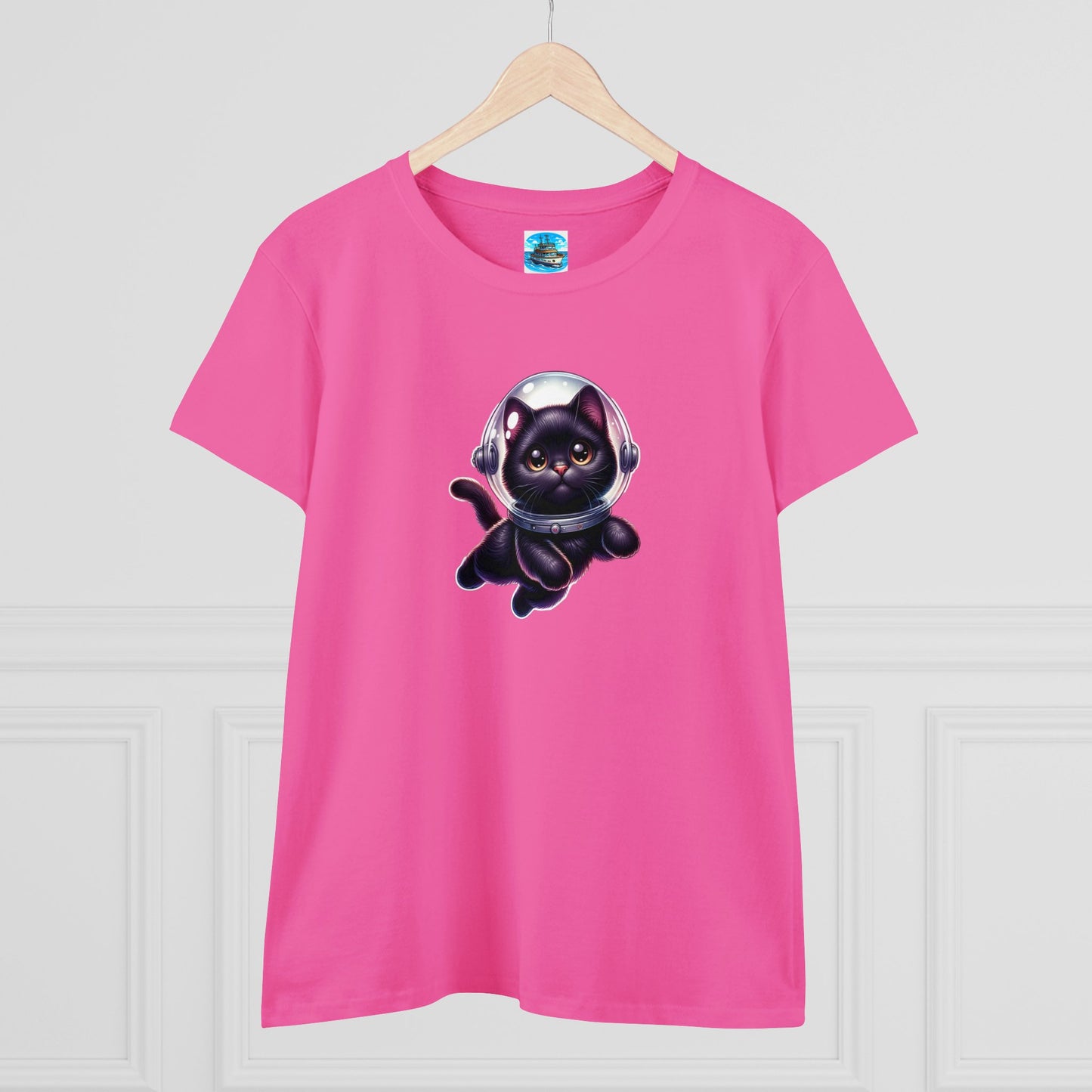 Women's Midweight Cotton Tee Space Cat, Black Cat