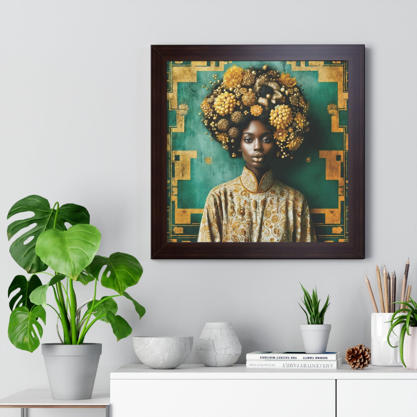 Framed Vertical Poster Peaceful African Woman with Yellow Flowers