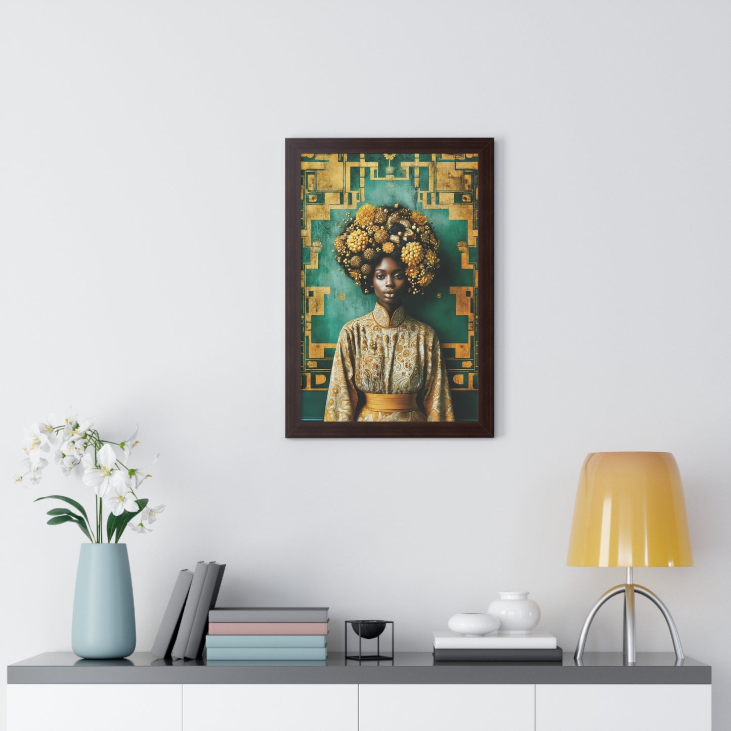 Framed Vertical Poster Peaceful African Woman with Yellow Flowers