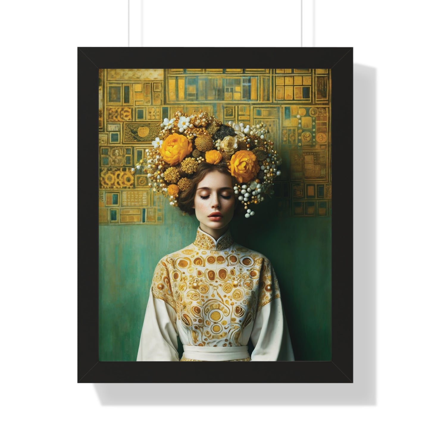 Framed Vertical Poster Peaceful Woman with Yellow Flowers