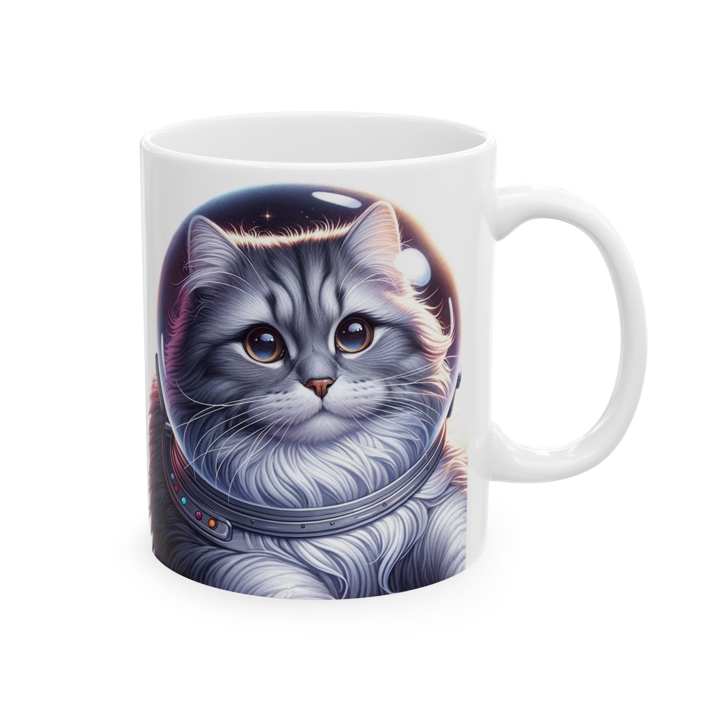 Space Cat, Gray Long-Haired Kitty Ceramic Mug 11oz