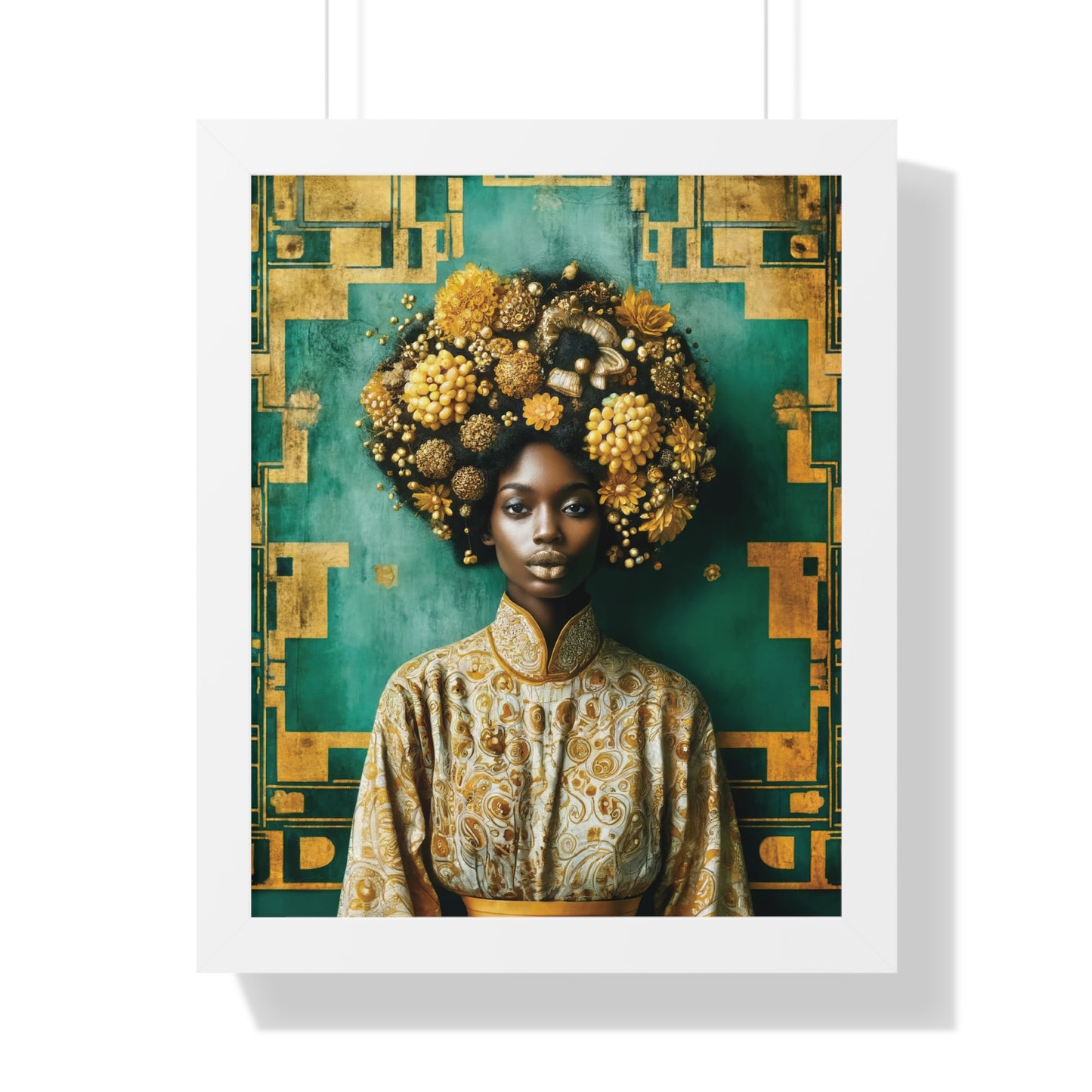 Framed Vertical Poster Peaceful African Woman with Yellow Flowers