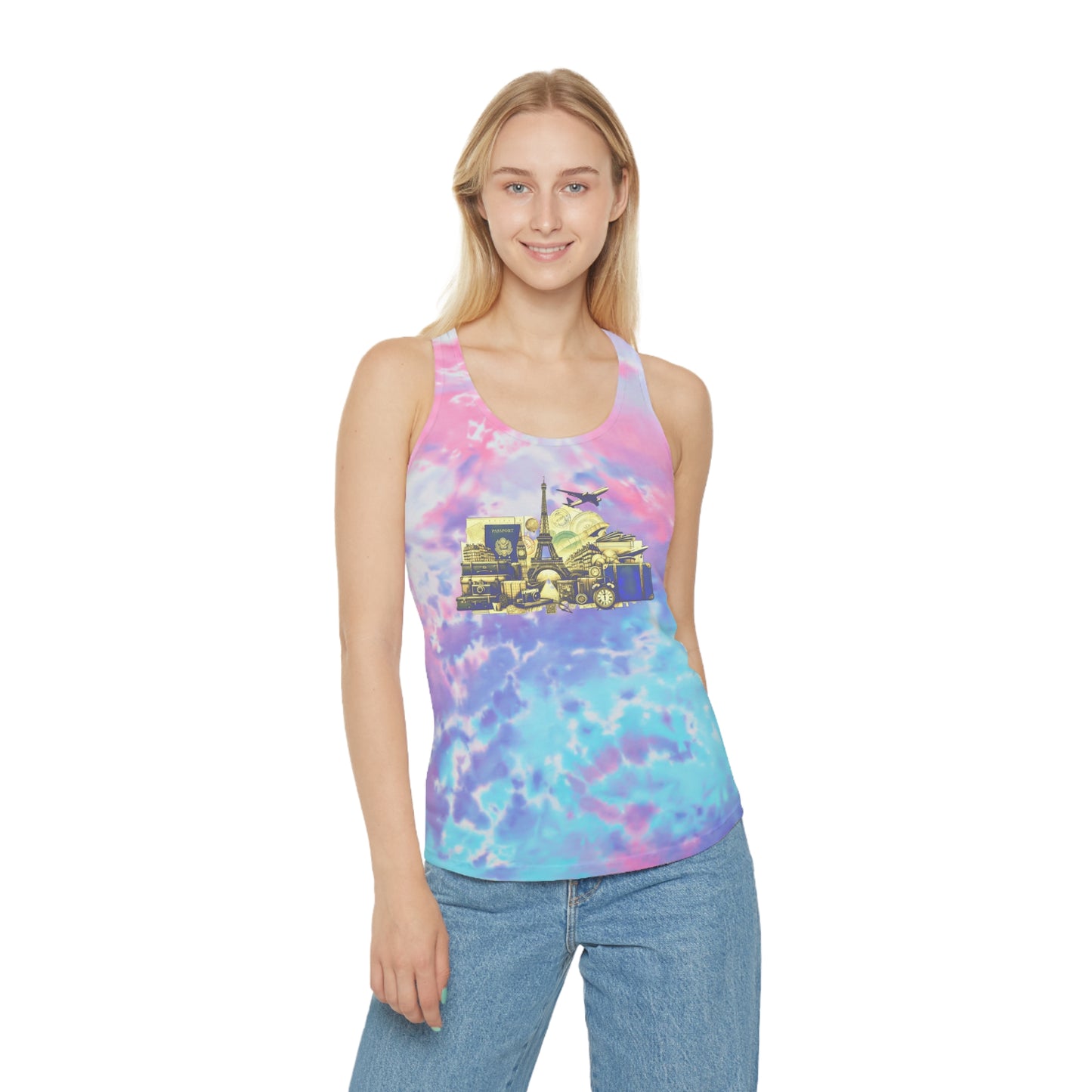 Tie Dye Racerback Tank Top w/Paris Travel Collage