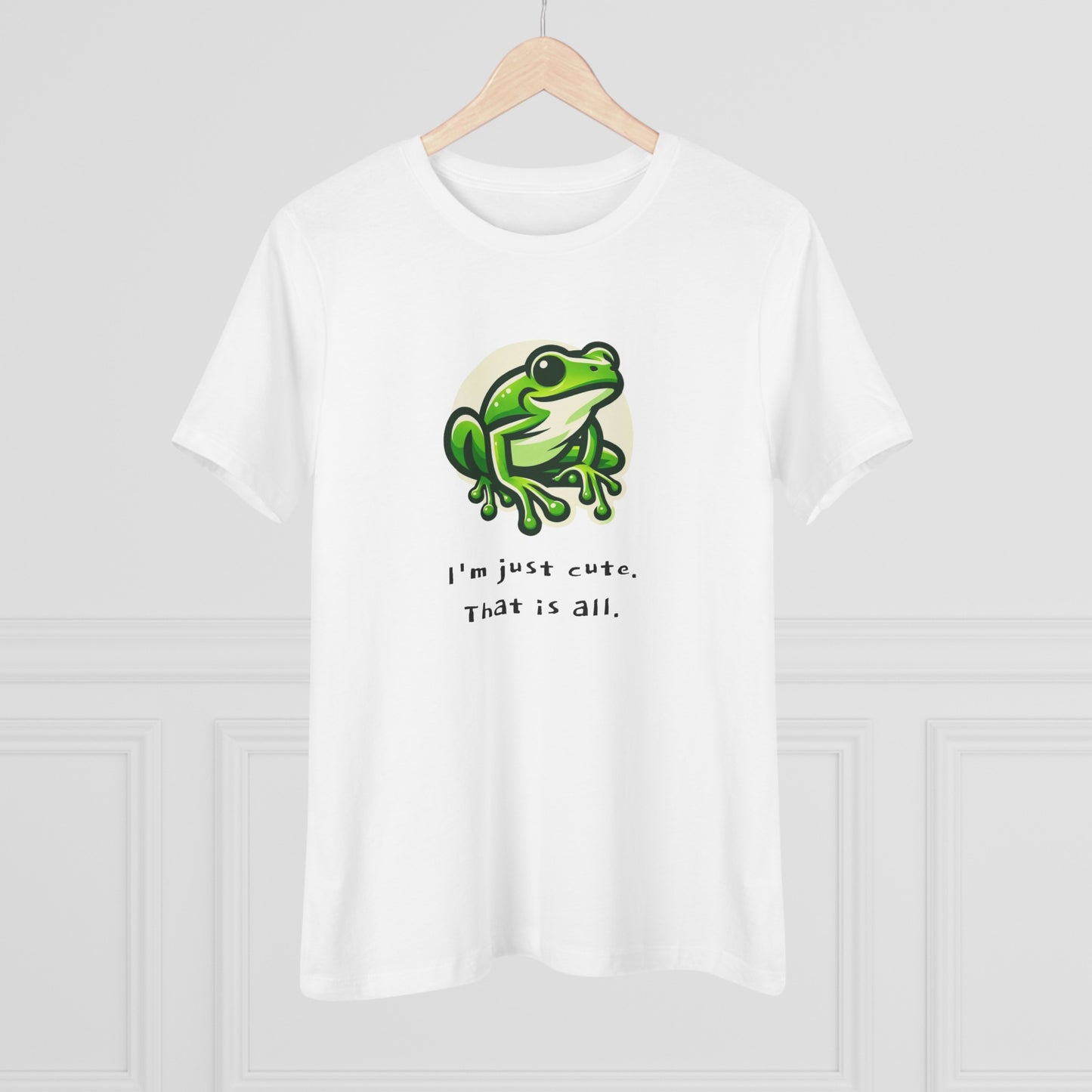 Women's Cotton Tee w/ Tree Frog. I'm just cute. "Amphibian" on back.