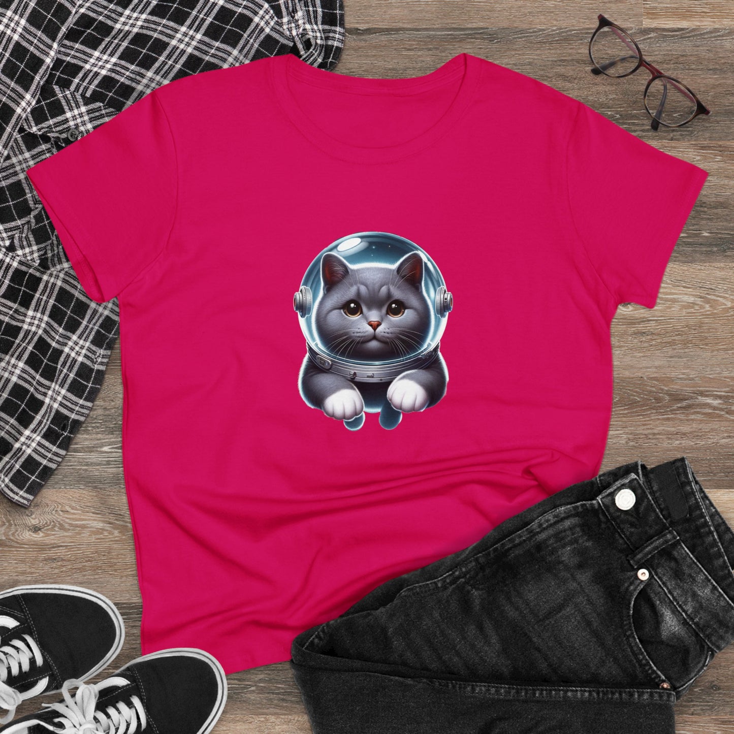 Space Cat, Gray Kitty, Women's Midweight Cotton Tee