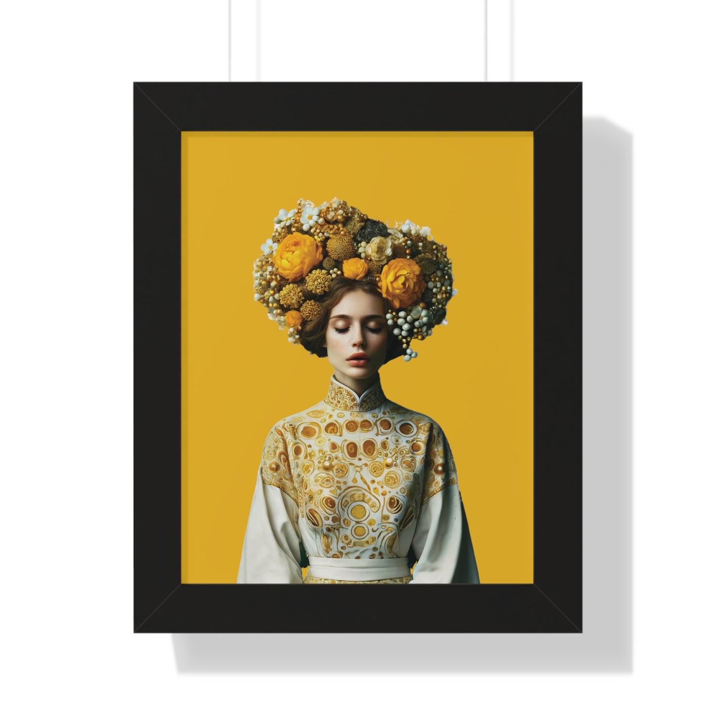 Framed Vertical Poster Peaceful Woman with Yellow Flowers no bg