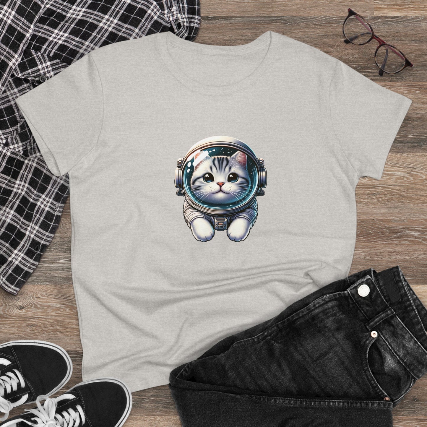 Space Cat, Gray Tiger Kitty, Women's Midweight Cotton Tee