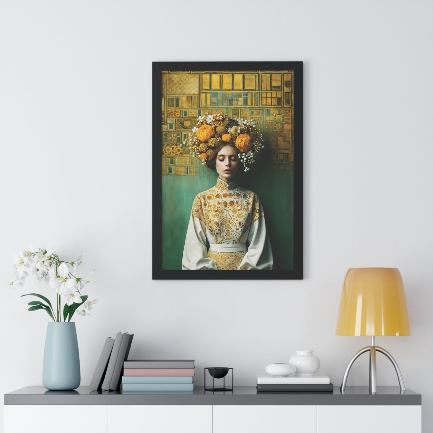 Framed Vertical Poster Peaceful Woman with Yellow Flowers