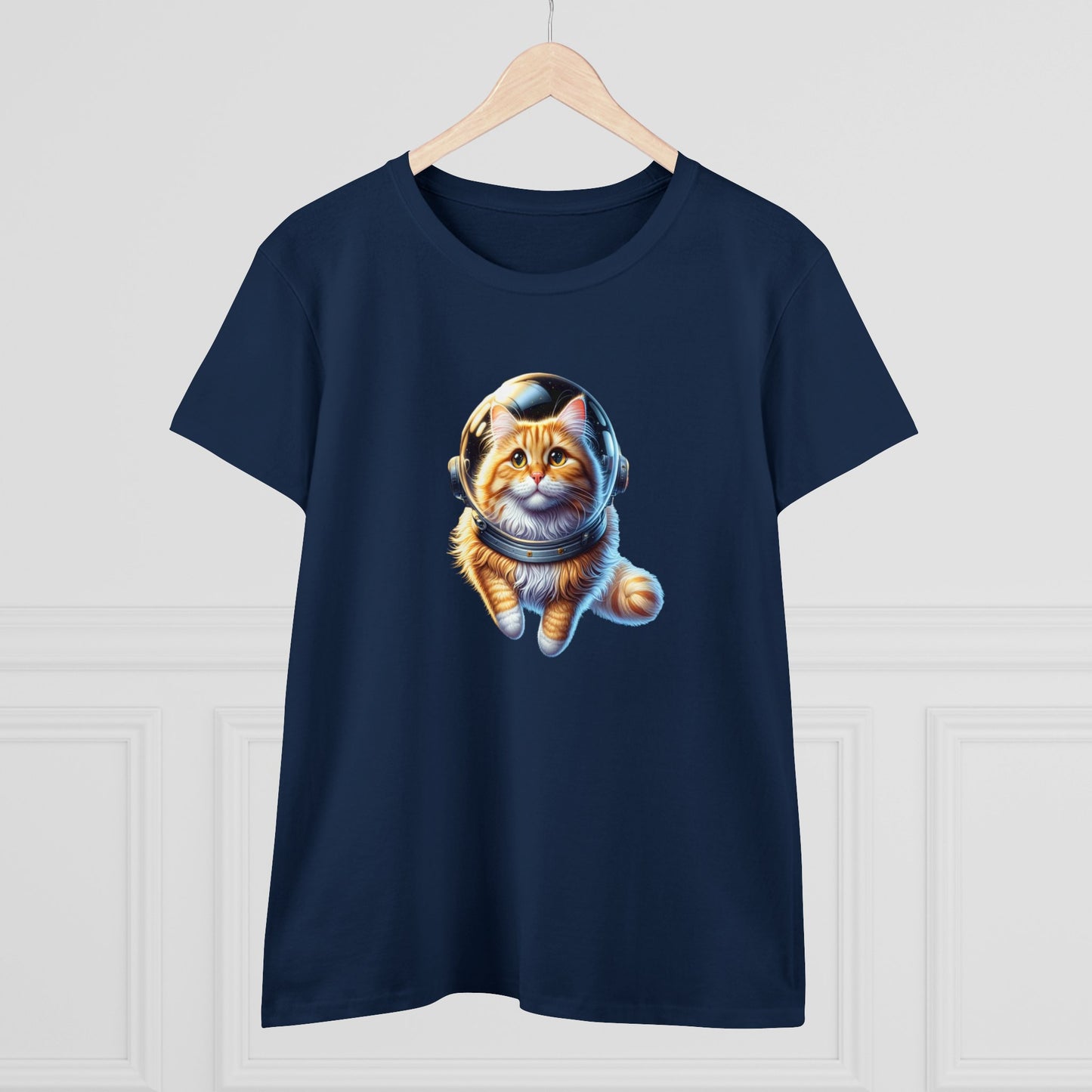 Space Cat, Yellow-Orange Long-Haired Tabby Kitty, Women's Midweight Cotton Tee