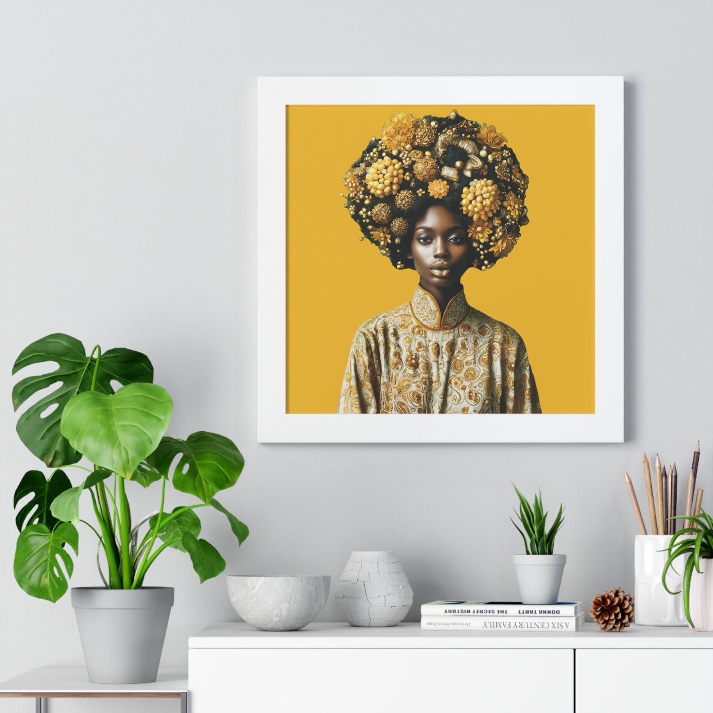 Framed Vertical Poster Peaceful African Woman with Yellow Flowers no bg