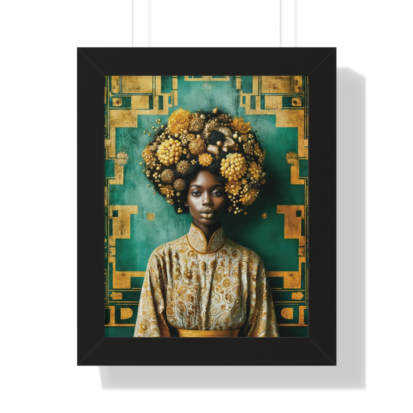 Framed Vertical Poster Peaceful African Woman with Yellow Flowers