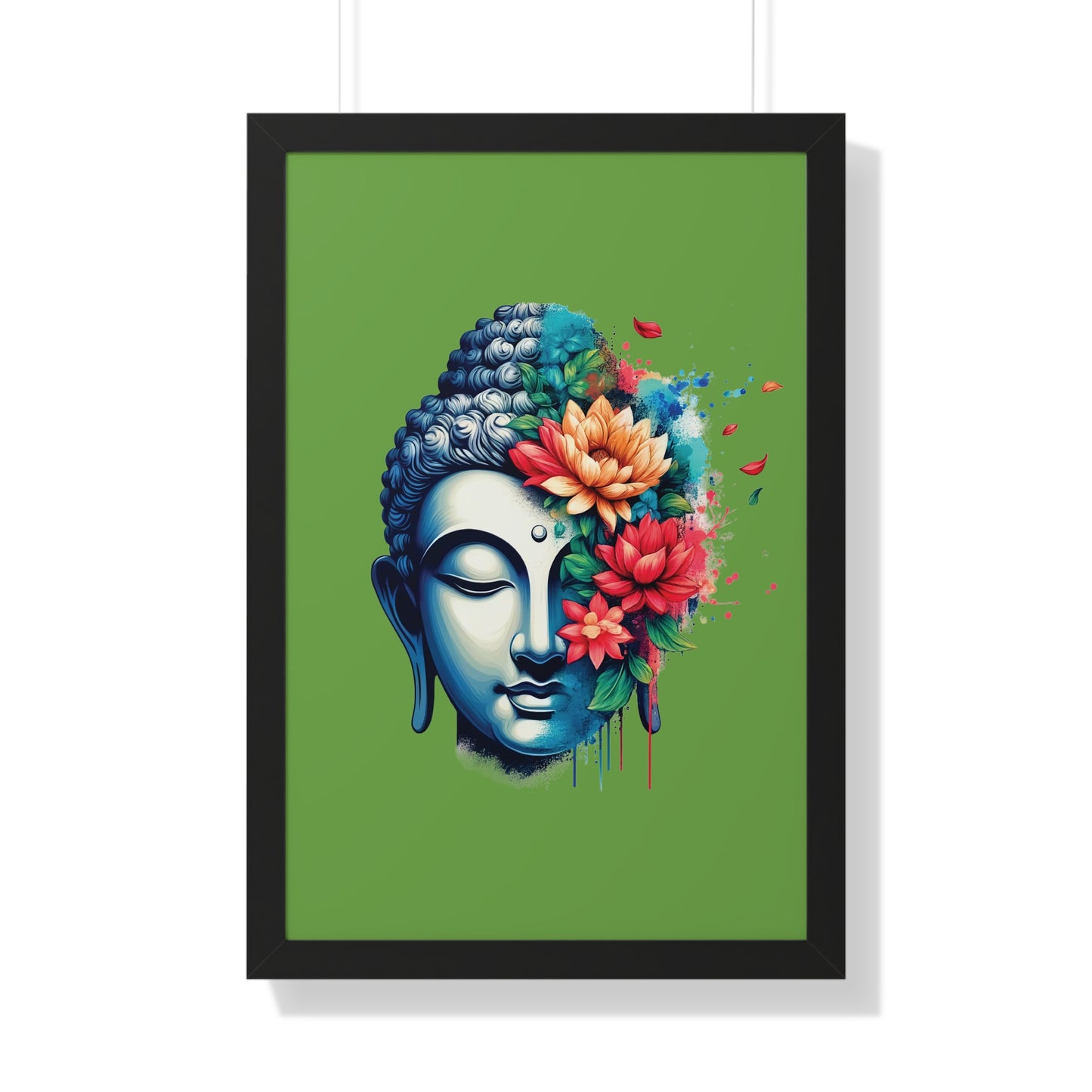 Framed Vertical Poster Peaceful Buddha with Flowers on bright green