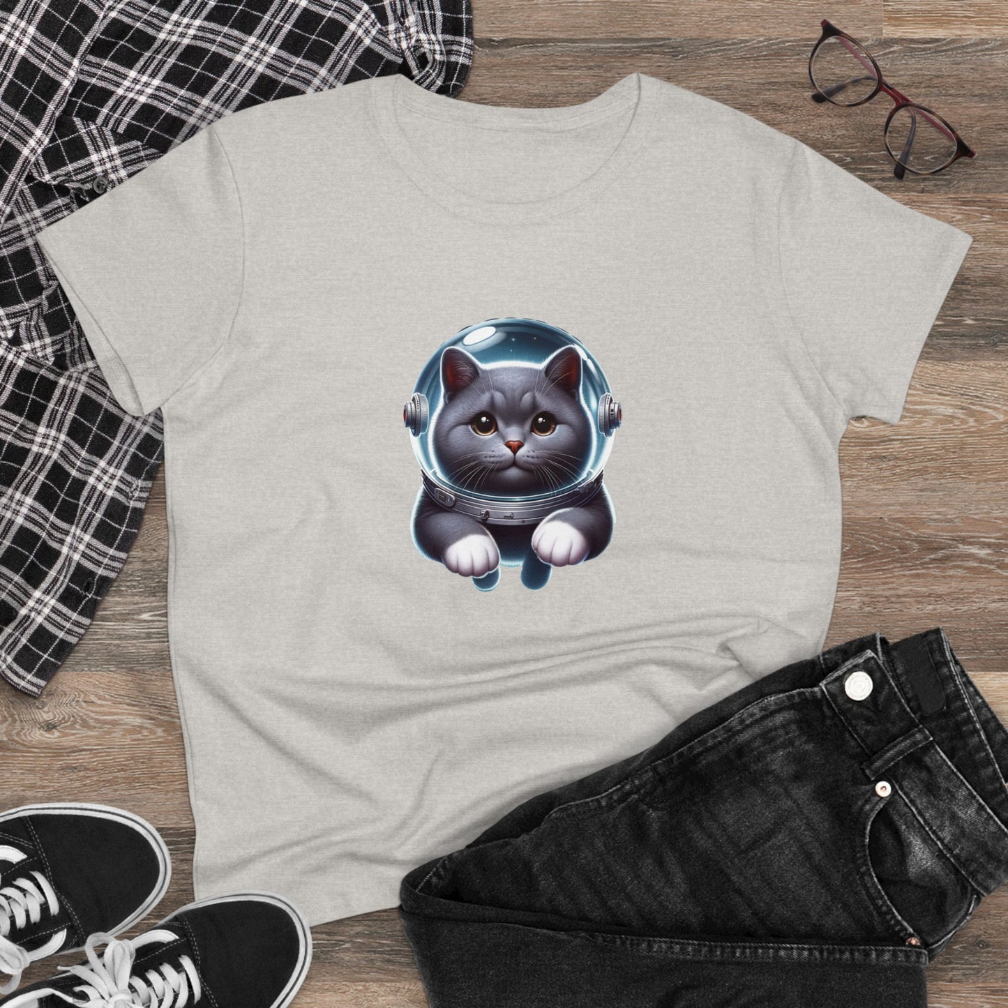 Space Cat, Gray Kitty, Women's Midweight Cotton Tee