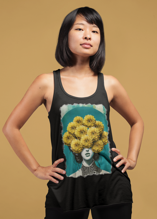 Women's Flowy Racerback Tank yellow flowers on womans head