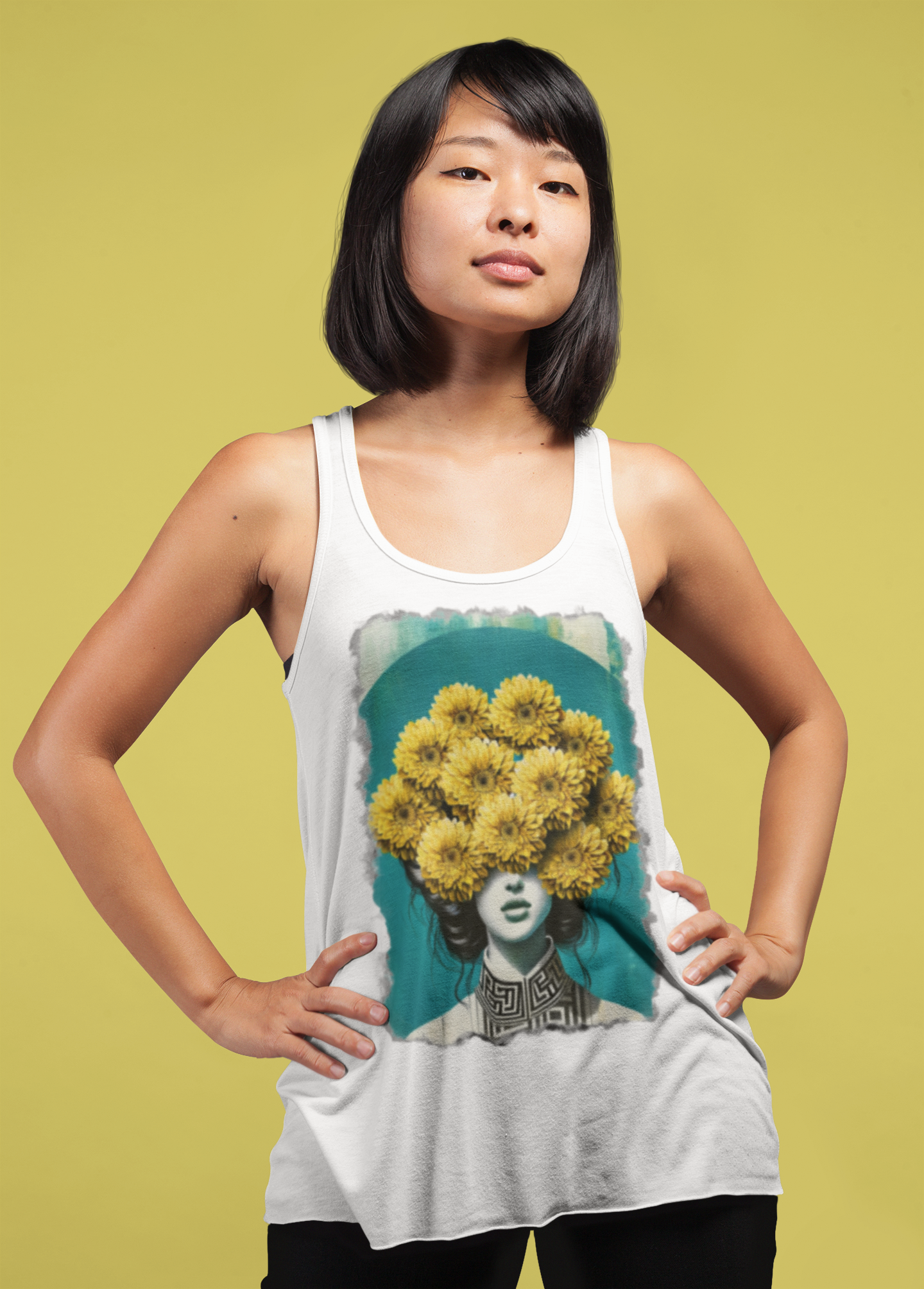 Women's Flowy Racerback Tank yellow flowers on womans head